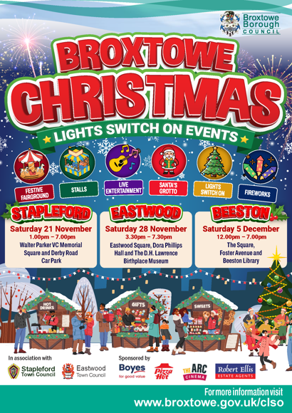 Broxtowe Christmas Lights Switch On Events - Stapleford, Eastwood, Beeston