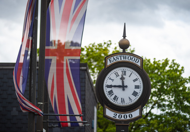 The clock outside Eastwood Library