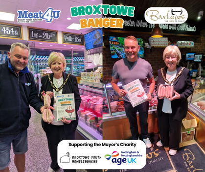Mayor of Broxtowe Councillor Barbara Carr alongside the owners of Meat 4 u and Barlows Butchers