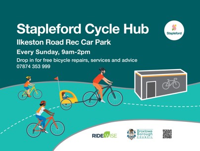 Stapleford Cycle Hub, Ilkeston Road Rec Car Park, every Sunday, 9am-2pm. Drop in for free bicycle repairs, services and advice 07874353999