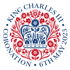 King Charles III Coronation 6th May 2023 blue crown with red thistle daffodil rose and shamrock