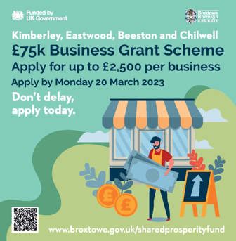 Kimberley, Eastwood, Beeston and Chilwell, £75k Business Grant Scheme, apply for up to £2,500 per business