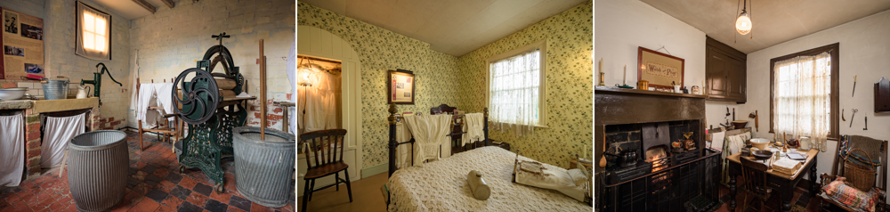 The kitchen, one of the bedrooms and the washroom at the museum