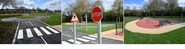 Stapleford cycle training track with crossing, bench and stop and pedestrian signs