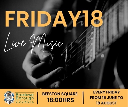 Friday18 promotional banner showing a man playing guitar
