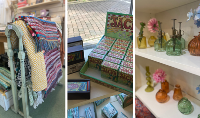 A selection of items to buy at the gift shop including rugs, children's toys and vases