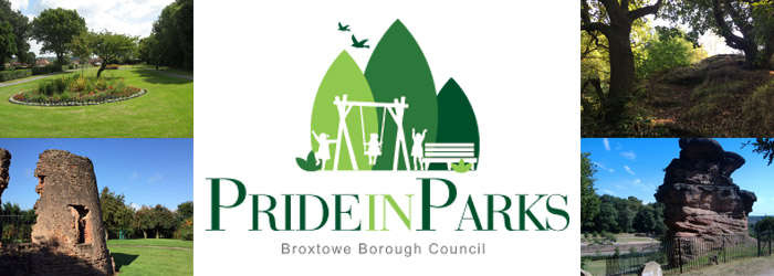 Pride in Parks Broxtowe Borough Council with pictures of local woodland, landmarks, and play areas