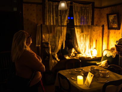 A woman in the museum parlour by gaslight