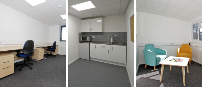 Office space, kitchen area and visitor waiting area at the business hub