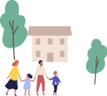 A cartoon of a family with a building and trees