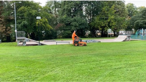 Man mowing at Hall Om Wong October 2020