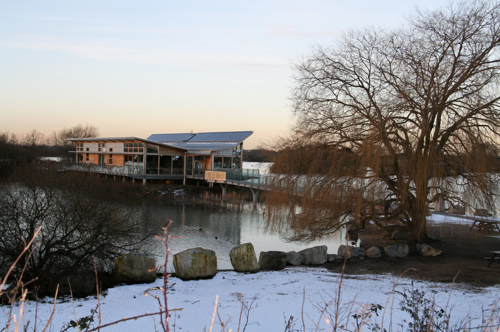 Attenborough nature reserve visitor centre on a snowy day