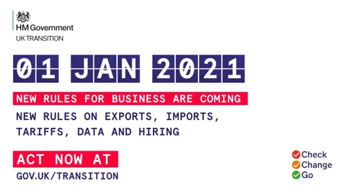 1 Jan 2021, new rules for business are coming. New rules on exports, imports, tariffs, data and hiring. Act now at gov.uk/transition. Check, change, go