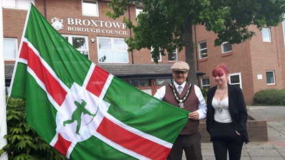 The Mayor of Broxtowe Raises The Flag To Mark The First Ever Nottinghamshire Day The Mayor and The Mayor's Consort raising the Nottinghamshire flag