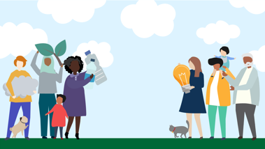 Green Rewards An illustration of people stood outside with a blue sky with white clouds and people holding a light bulb, plastic bottle and greenery the image also contains a cat and a dog