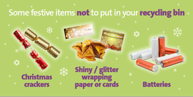 Some festive items not to put in your recycling bin; Christmas crackers, shiny, glitter wrapping paper or cards and batteries