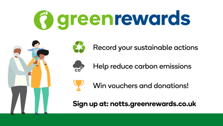 Picture of Green Rewards logo with information on how Green Rewards works and Green Rewards website