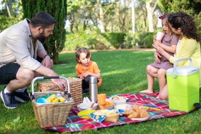 A family of four in the park having a picnic