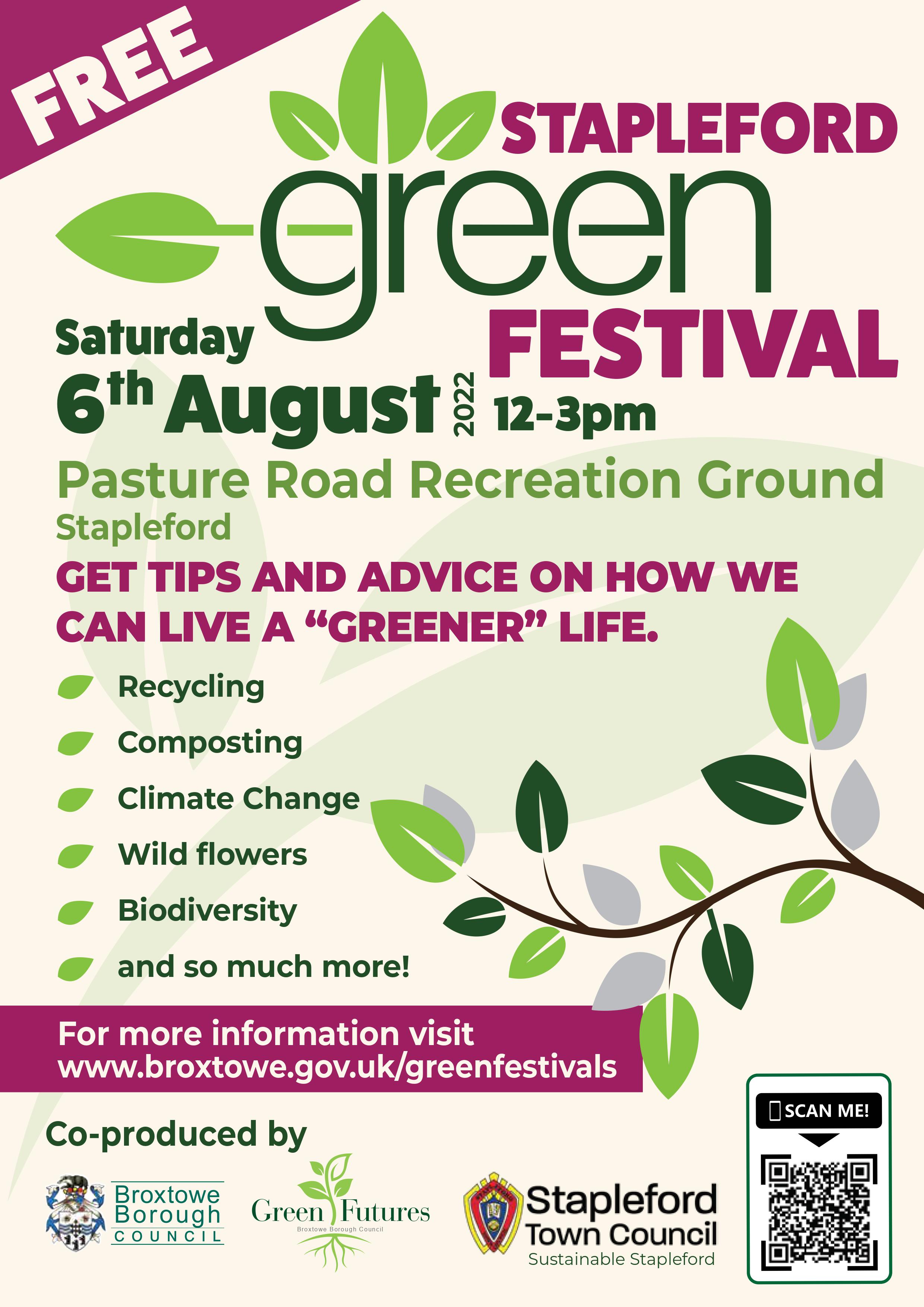 Poster for Green Festival at Pasture Road Recreation Ground.