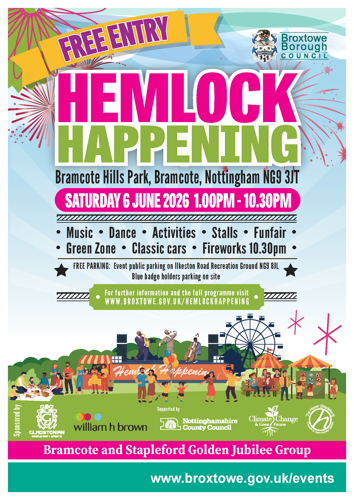 Hemlock Happening Poster with graphics of a stage, people having a pinci, dancing, a ferris wheel, fairground stalls and fireworks.