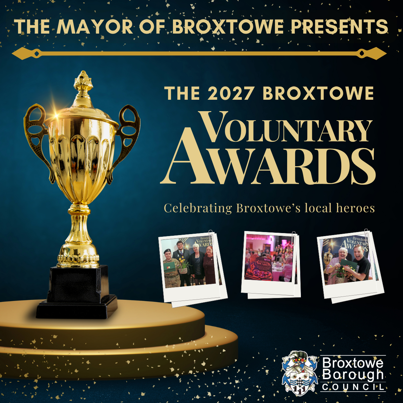 2027 Broxtowe Voluntary Awards poster showing an image of a trophy alongside pictures from the previous year's event