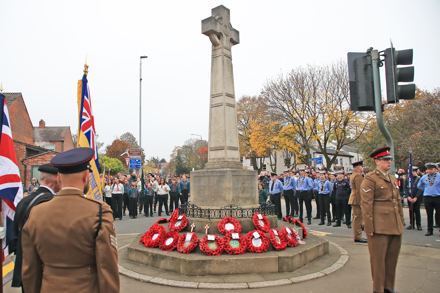 Wreaths on war memorial