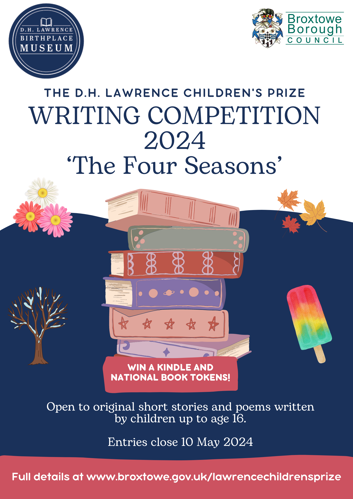 The D.H Lawrence writing competition 2024 picture of books stacked up, images of four seasons including flowers, autumn leaves, frosted tree and an ice lolly