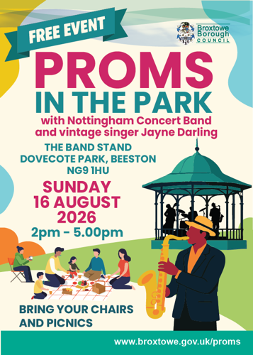 Proms in the Park poster with graphics of people having a picnic and a band playing on a bandstand.