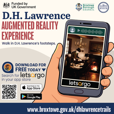 D.H. Lawrence augmented reality experience. Walk in D.H. Lawrence's footsteps. Download for free today, search for letsargo in your app store.