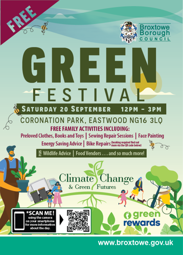 Green Festival Saturday 20 September 12pm - 3pm, Coronation Park Eastwood, NG16 3LQ. Free family activities including: preloved clothes, Books and toys. Sewing repair sessions. Face painting. Energy saving advice. Bike repairs. Wildlife advice, food vendors, and so much more!