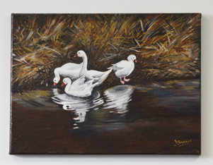 Lot 16 – Two oils of geese, by Janet Shipton