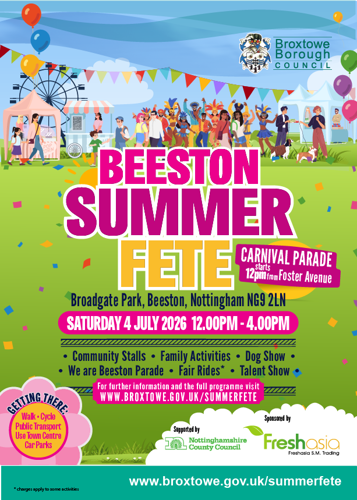 Beeston Summer Fete poster promoting the event in Broadgate Park, Beeston, on 4 July between 12:00pm and 4:00pm