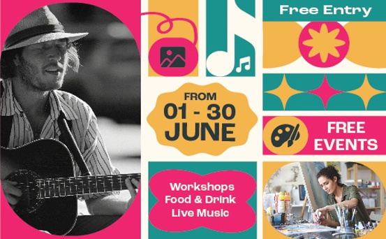 A man singing with a guitar, a woman doing crafting and the text: from 01-30 June, workshops, food and drink, live music