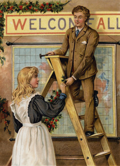 Victorian image - couple trimming up for christmas