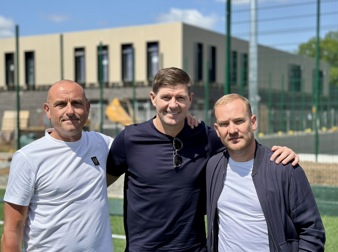 From left, Pete Scott, Chairman of Stapleford Town FC, Steven Gerrard, and Ryan  Stark, Senior Section Lead at Stapleford Town FC.