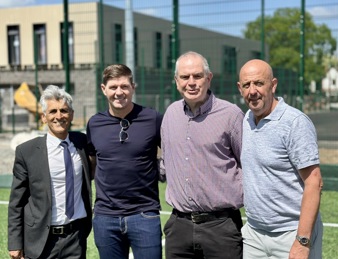 From left: Zulf Darr, Deputy Chief Executive, Broxtowe Borough Council; Steven  Gerrard; Councillor Greg Marshall, Deputy leader of Broxtow Borough Council, and former  Leeds, Liverpool and Scotland star Gary McAllister, who visited to look round the facilities.