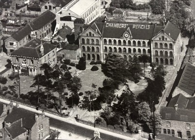 Aerial view of the Chambers Pencil factory