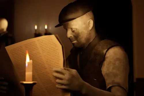 A screengrab from the AR experience which shows a miner reading a newspaper by candle light