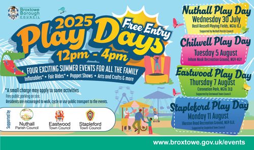 2025 Play Days 12pm-4pm. Four exciting summer events for all the family